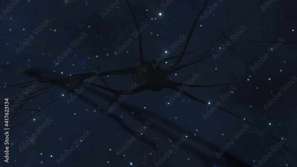 Animation of the activity of neurons and synapses. Neural connections in outer space, radioactivity, neurotransmitters, brain, axons. Electrical impulses transmitting signals. Mind concept.