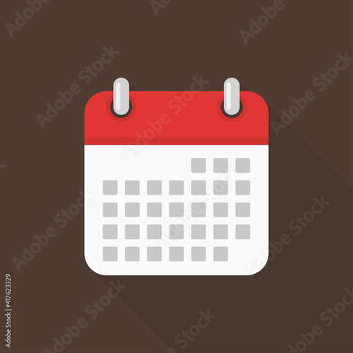 Calendar icon with long shadow on brown background, flat design style