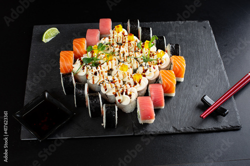 japanese sushi food. Maki ands rolls with tuna.