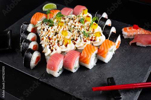 japanese sushi food. Maki ands rolls with tuna.