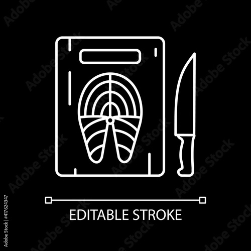 Fish on cutting board white linear icon for dark theme. Cook salmon. Seafood preparation. Thin line customizable illustration. Isolated vector contour symbol for night mode. Editable stroke