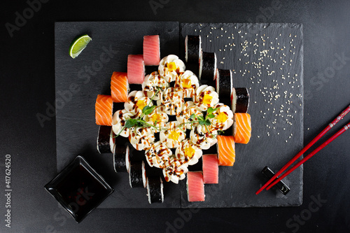 japanese sushi food. Maki ands rolls with tuna.