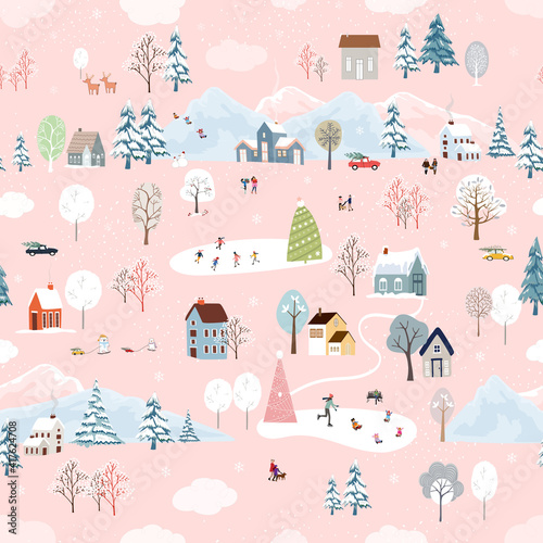 Seamless pattern Cute Christmas landscape in the town with fairy tale house,car,polar bear playing ice skate and pine tree,Vector Panorama flat design in village on Christmas eve, Holiday background