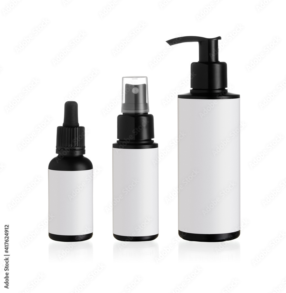 Set of 3 black bottles with white labels Set of 3 black bottles with white labels