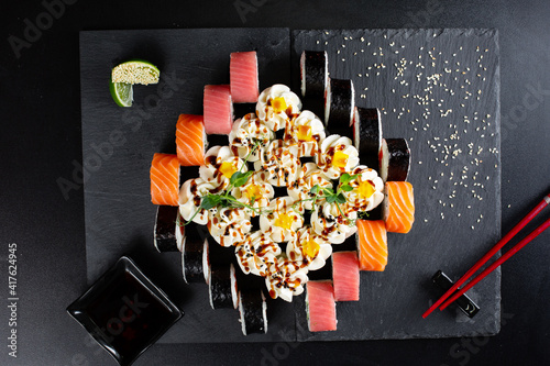 japanese sushi food. Maki ands rolls with tuna.