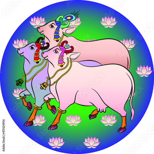 Holy cow in Kalamkari Indian traditional folk art on linen fabrics. It can be used for a coloring book, textile/ fabric prints, phone case, greeting card. logo, calendar