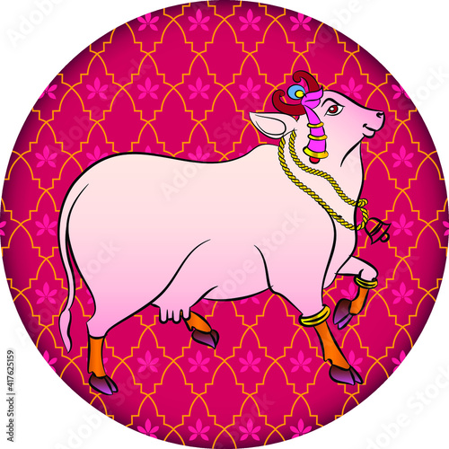 Holy cow in Kalamkari Indian traditional folk art on linen fabrics. It can be used for a coloring book, textile/ fabric prints, phone case, greeting card. logo, calendar
