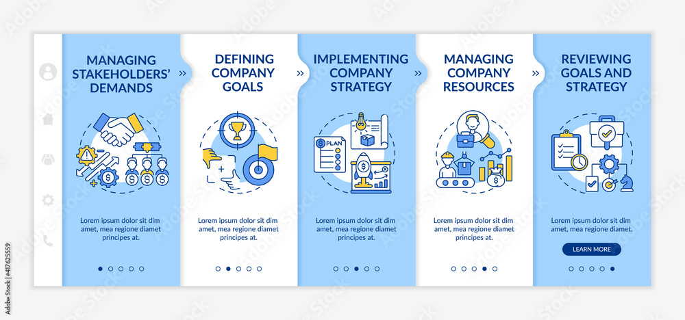 Top management tasks onboarding vector template. Managing stakeholders demands. Defining company goals. Responsive mobile website with icons. Webpage walkthrough step screens. RGB color concept