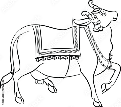 Holy cow in Kalamkari Indian traditional folk art on linen fabrics. It can be used for a coloring book, textile/ fabric prints, phone case, greeting card. logo, calendar