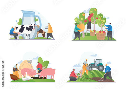 Set of four scenes showing different farming activities with milk from a dairy, farmyard scene, planting crops and picking fruit in an orchard, flat cartoon colored vector illustration
