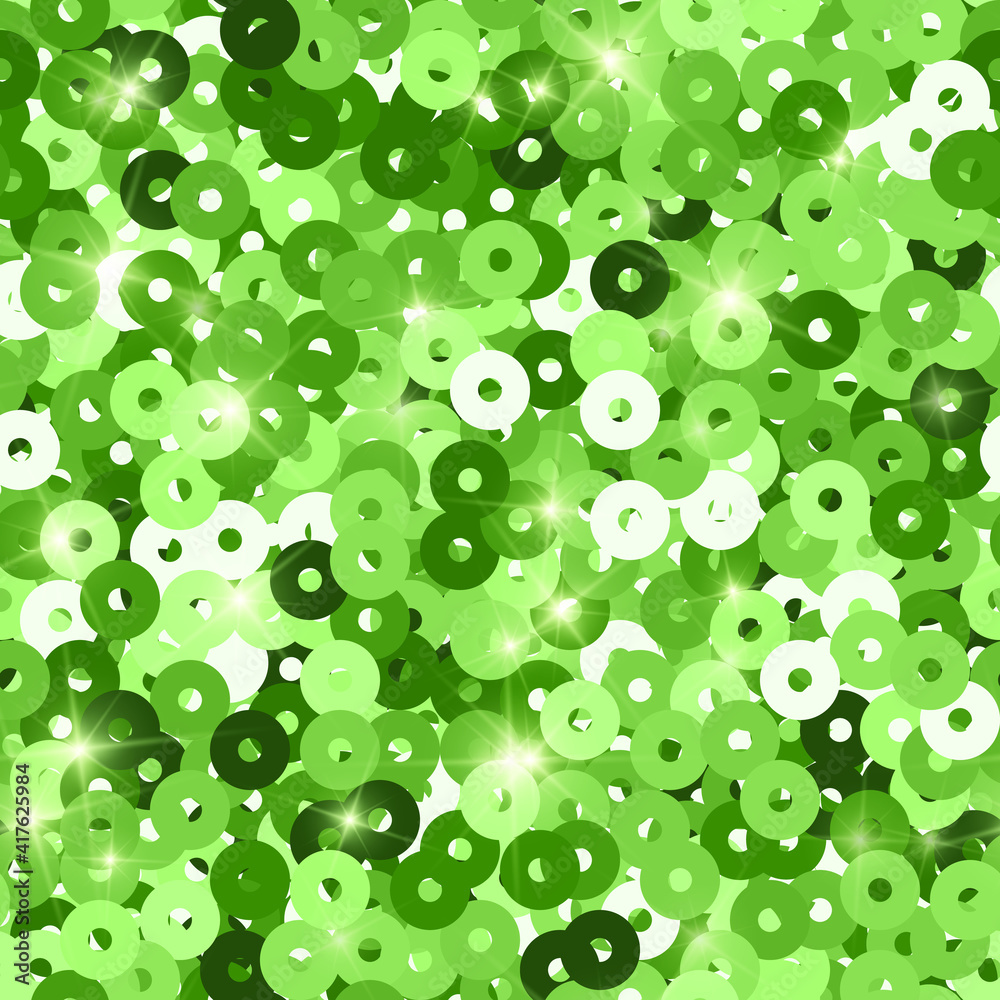 Glitter seamless texture. Admirable green particles. Endless pattern made of sparkling sequins. Capt