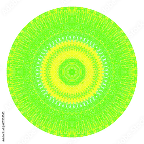 Creative yellow green points round symbol. Abstract symmetrical logo. Mosaic green beautiful beads. Circle dots modern pixel floral art icon. Yellow pattern ornament wheel decorative illustration.