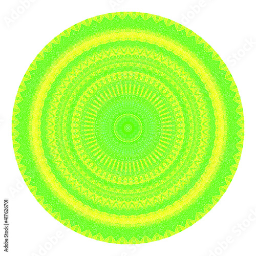 Creative yellow green points round symbol. Abstract symmetrical logo. Mosaic green beautiful beads. Circle dots modern pixel floral art icon. Yellow pattern ornament wheel decorative illustration.