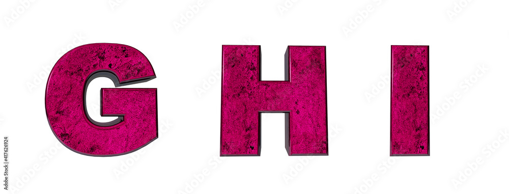 Alphabet of pink marble. Bright magenta letters G, H, I. 3D render. Background remove easy.