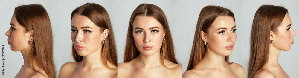 Set of portraits collage. Close-up portrait of a sexy beautiful slim woman standing on grey background. Different angle view of a face. Set of portraits collage. Close-up portrait of a sexy beautiful slim woman standing on grey background. Different angle view of a face.