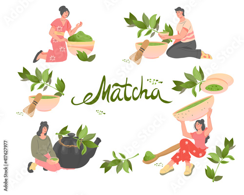Big set witBig set with people drinking Matcha Green Tea, flat vector illustration isolated on white background. Banner with Matcha green leaves and characters of men and women enjoying tea.tration.