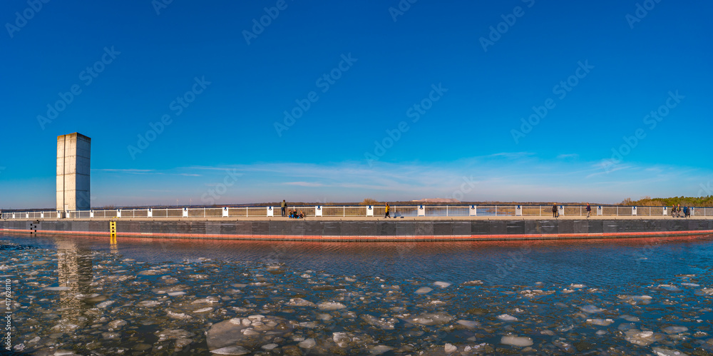 Panoramic view over a famous wonder water bridge and ship navigation canal near Magdeburg at early Spring, Magdeburg, Germany.