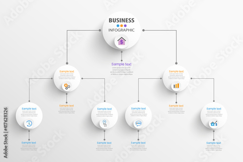 Business hierarchy organogram chart infographics. Corporate organizational structure graphic elements. Infographic design template with circles 