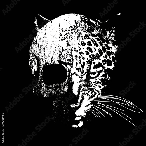 vector illustration of a human skull mixed with leopard head. Design for t-shirts or posters.