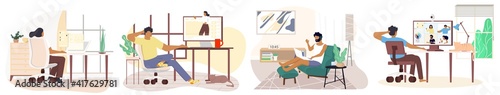 Working at home concept, Coworking space flat illustration. Young people, man and woman freelancers working at their home.