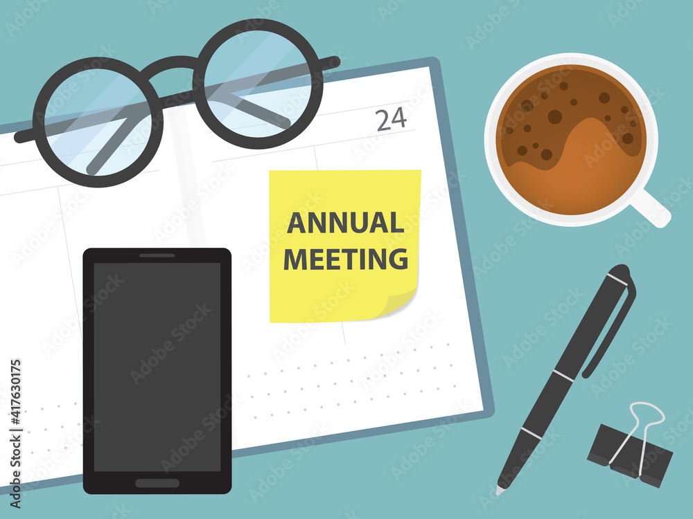 annual meeting written on memory note in calendar - vector illustration annual meeting written on memory note in calendar - vector illustration