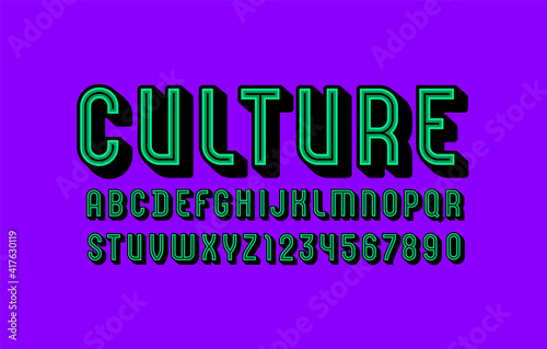 3D modern Font, trendy green alphabet, condensed letters and numbers with dark line, vector illustration 10eps