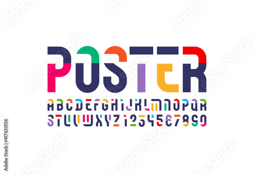 Futuristic original font, sci fi display stencil alphabet, modern geometric modular letters and numbers, vector illustration 10EPS