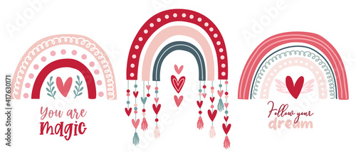 Set clipart Bohemian romantic rainbow in boho style. Vector