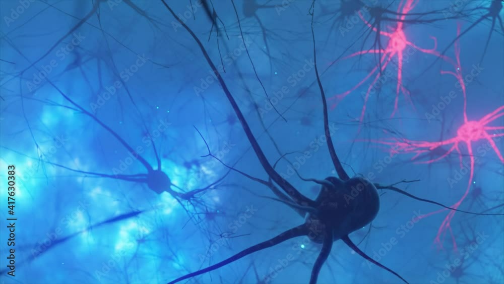 Animation of the activity of neurons and synapses. Neural connections in outer space, radioactivity, neurotransmitters, brain, axons. Electrical impulses transmitting signals. Mind concept.