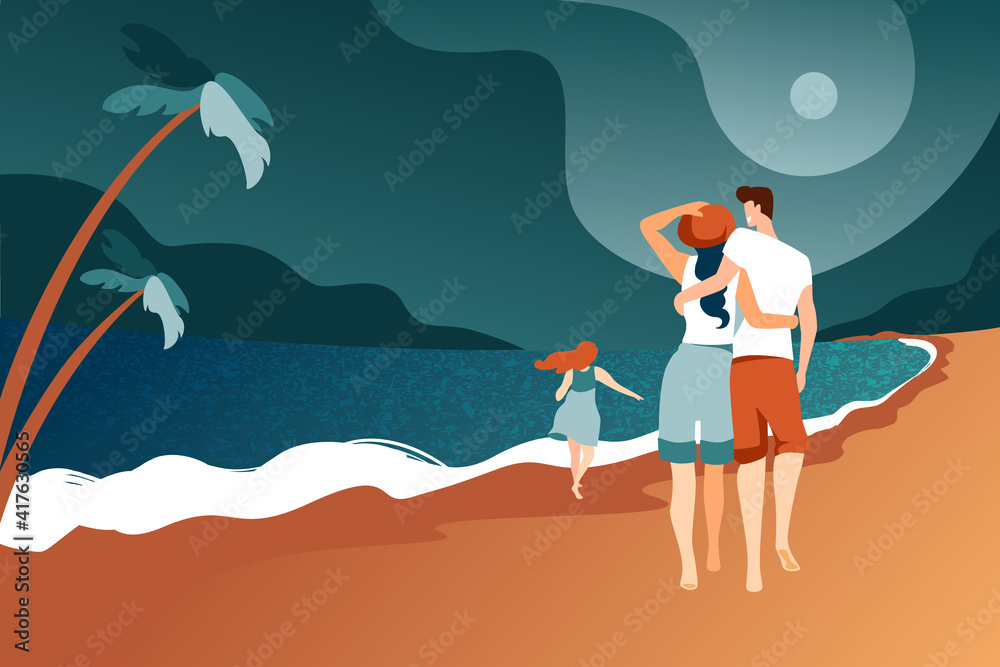 Fototapeta premium Family characters with a child stroll along the evening beach. A man and a woman walk in an embrace, a little girl runs along the wet sand. Modern flat design, relaxation by the sea.