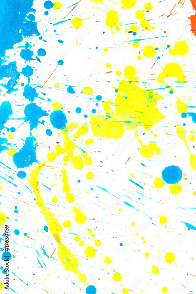 Orange, Blue and Yellow Acrylic Paint Splatters and Lines on White Bckground
