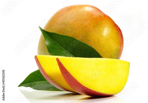 Mango Fruit Slices with Leaves on white Background Isolated