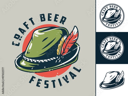 Set of t-shirt print or emblem with beer bavarian hat with a feather for oktoberfest