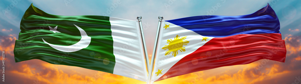 Pakistan Flag and Philippines Flag waving with texture Blue sky could ...