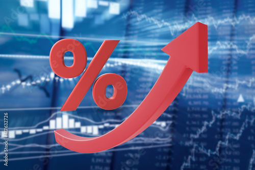 Growing red arrow and percent symbol on a blurred background of stock quotes. Raising the broker interest rates on the exchange. 3d illustration