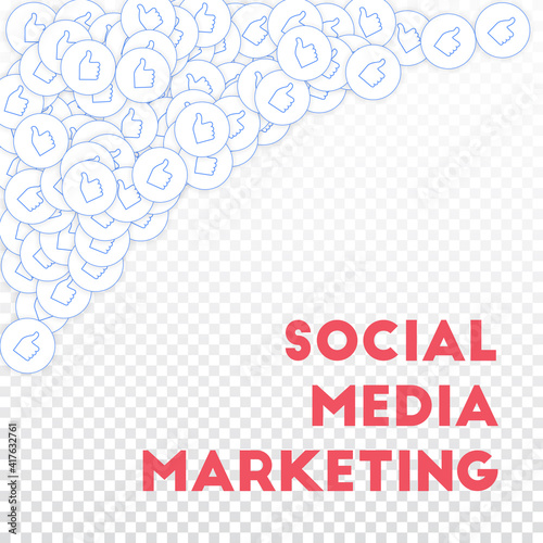 Social media icons. Social media marketing concept. Falling scattered thumbs up. Top left corner ele