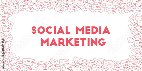Social media icons. Social media marketing concept. Falling pink like counter. Wide scattered frame