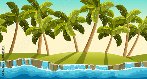 Palms, border old gray rock and cascades falling water. Landscape stone sidewalks with waterfall in jungle for computer games. Cartoon vector illustration.