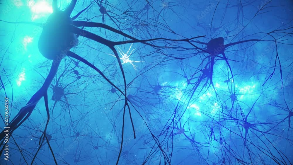 Animation of the activity of neurons and synapses. Neural connections in outer space, radioactivity, neurotransmitters, brain, axons. Electrical impulses transmitting signals. Mind concept.