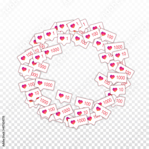Social media icons. Social media marketing concept. Falling gradient like counter. Round frame eleme