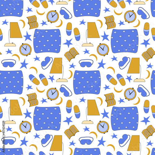 Bedroom icons. Seamless vector pattern with pillows, slippers, lamp. Pattern for packaging, wallpaper, fabric bedroom decoration