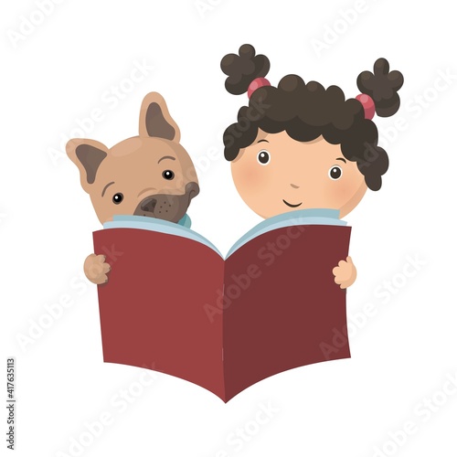 Cute cartoon girl with curly bushy hair and cute french bulldog puppy are reading a book. Vector illustration isolated on white background