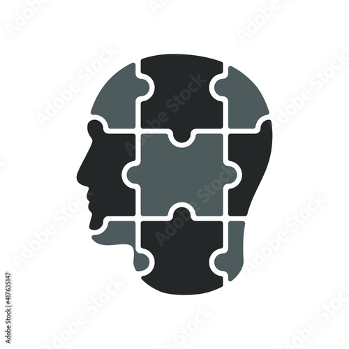 Man head from puzzles. Male profile graphic sign isolated on white background. Man collected from puzzle. Vector illustration