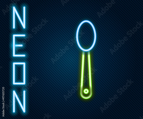 Glowing neon line Heroin in a spoon icon isolated on black background. Concept of drug addiction and dependence from the narcotic. Junkie lifestyle. Colorful outline concept. Vector Illustration.