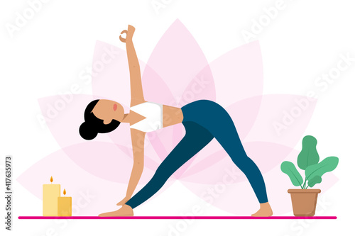 Ilustración vectorial de mujer haciendo la postura del triángulo de yoga