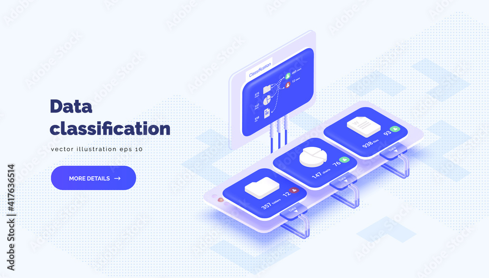 System of electronic classification of corporate data. Monitor with data about system files. Classification of files, folders, reports, graphs. Vector illustration isometric style, 3D System of electronic classification of corporate data. Monitor with data about system files. Classification of files, folders, reports, graphs. Vector illustration isometric style, 3D
