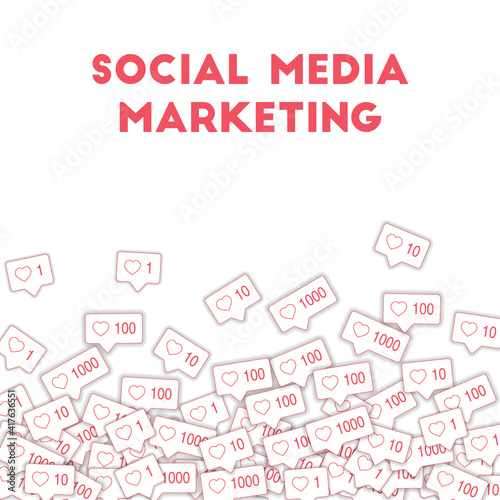 Social media icons. Social media marketing concept. Falling pink like counter. Scatter bottom gradie