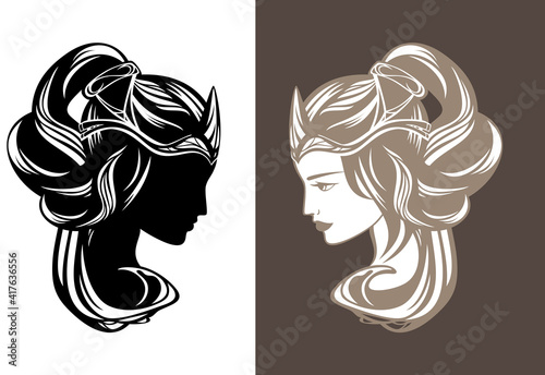 beautiful fairy tale queen or princess with long gorgeous hair wearing crown - fairy tale beauty vector portrait