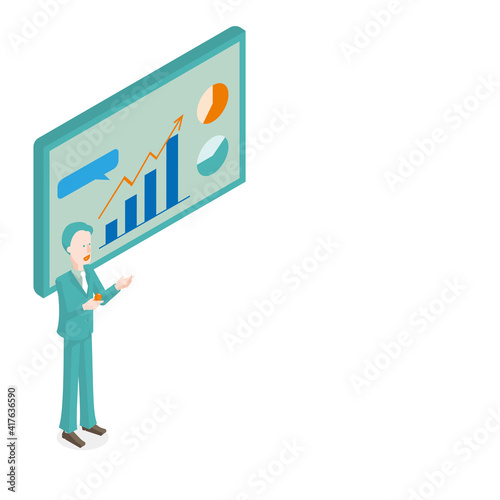 グラフや図を用いてプレゼンする会社員のアイソメ