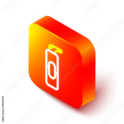 Isometric line Spray can for hairspray, deodorant, antiperspirant icon isolated on white background. Orange square button. Vector Illustration.